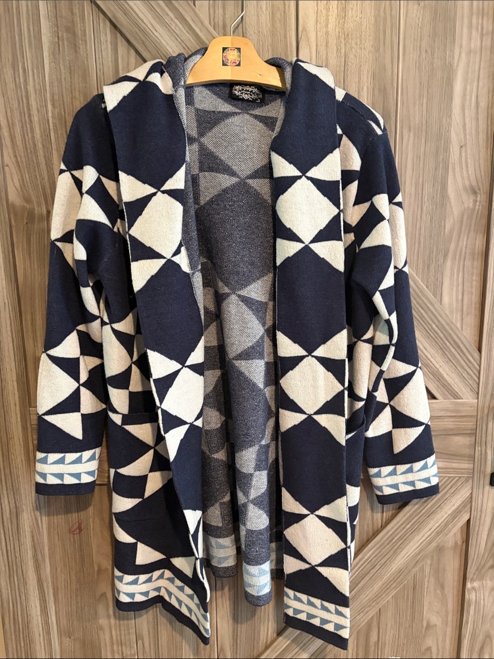 Navy & Cream Geometric Hooded Open-Front Cardigan